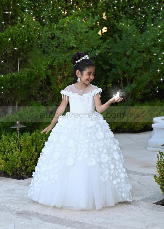 Cap Sleeves Beaded White Tulle 3D Flowers Fancy Flower Girl Dress Cap Sleeves Beaded White Tulle 3D Flowers Fancy Flower Girl Dress